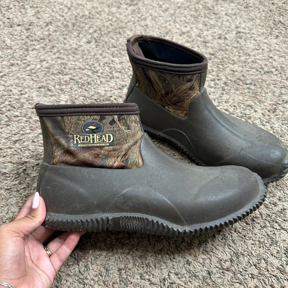 RedHead Mens Bone-Dry Waterproof Rubber Ankle Boots Camo Brown Size 9 READ
